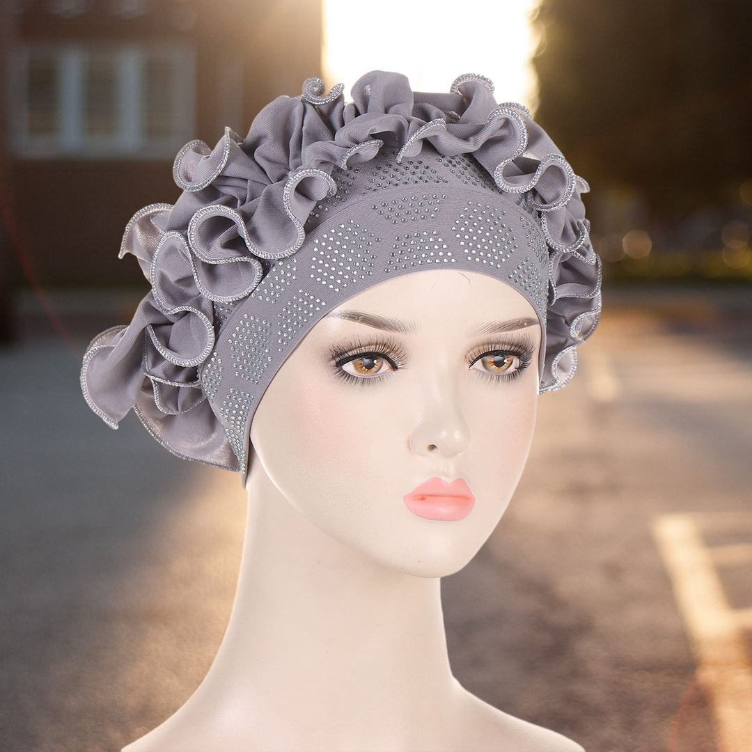 Autumn Winter Women Turban Hat Hot Drilling Decor Flower Trim Bonnet Hat Elastic Solid Color Head Scarf Hat Image 12