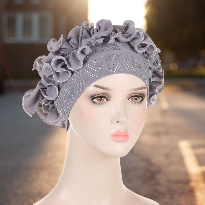 Autumn Winter Women Turban Hat Hot Drilling Decor Flower Trim Bonnet Hat Elastic Solid Color Head Scarf Hat Image 12