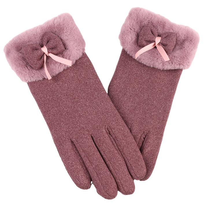 1 Pair Women Autumn Winter Solid Color Gloves Plush Cuffs Bowknot Decor Gloves Outdoor Riding Coldproof Warm Gloves Image 4
