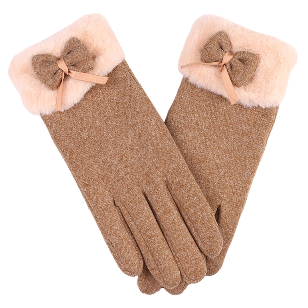 1 Pair Women Autumn Winter Solid Color Gloves Plush Cuffs Bowknot Decor Gloves Outdoor Riding Coldproof Warm Gloves Image 6