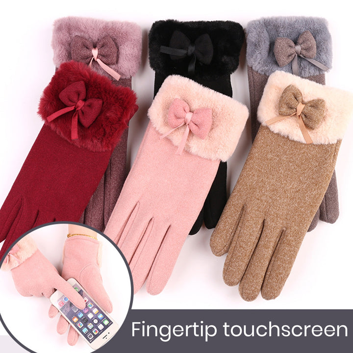 1 Pair Women Autumn Winter Solid Color Gloves Plush Cuffs Bowknot Decor Gloves Outdoor Riding Coldproof Warm Gloves Image 7