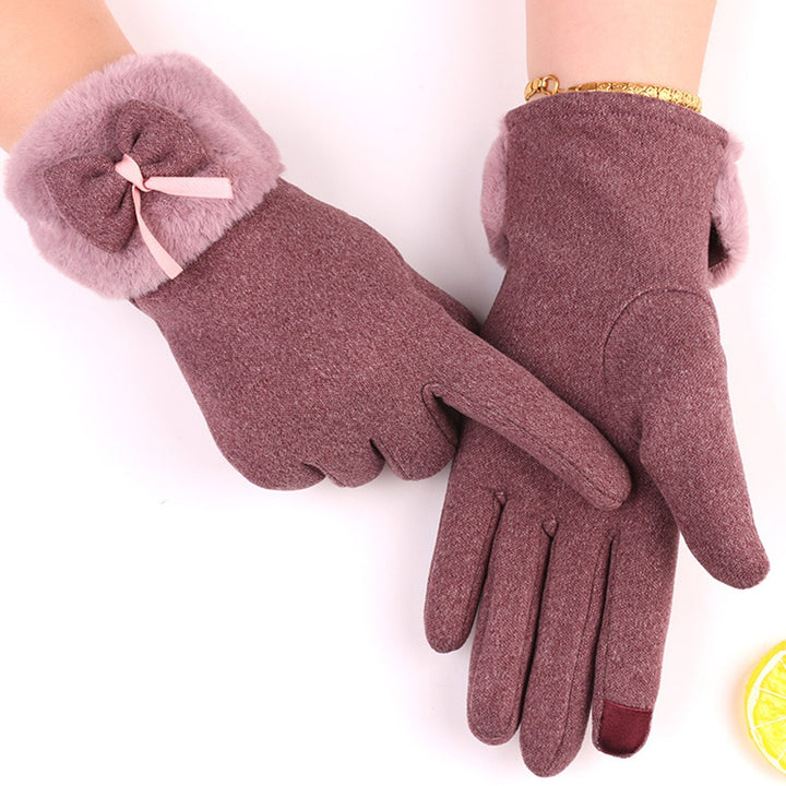 1 Pair Women Autumn Winter Solid Color Gloves Plush Cuffs Bowknot Decor Gloves Outdoor Riding Coldproof Warm Gloves Image 8