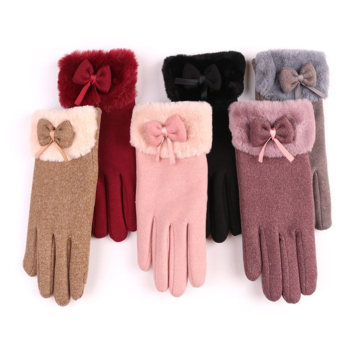 1 Pair Women Autumn Winter Solid Color Gloves Plush Cuffs Bowknot Decor Gloves Outdoor Riding Coldproof Warm Gloves Image 11