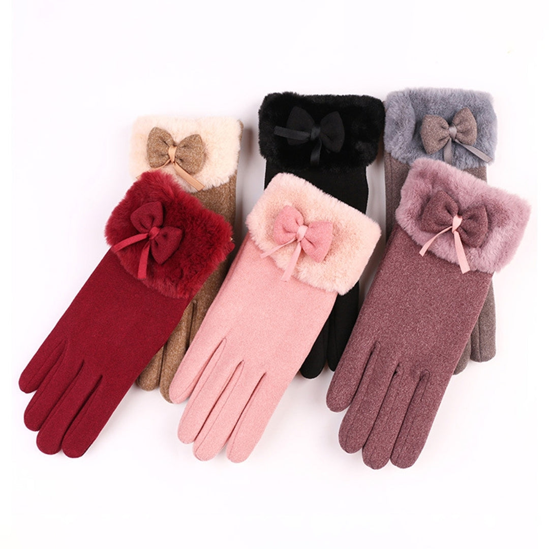 1 Pair Women Autumn Winter Solid Color Gloves Plush Cuffs Bowknot Decor Gloves Outdoor Riding Coldproof Warm Gloves Image 12