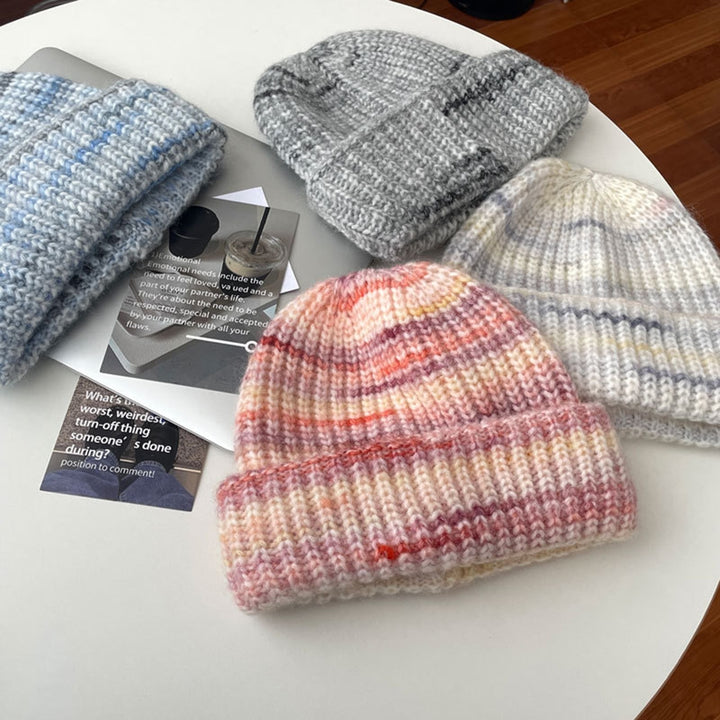 Unisex Winter Hat Striped Color Matching High Elasticity Knitted Soft Warm No Brim Anti-slip Dome Regular Fit Warm Image 9