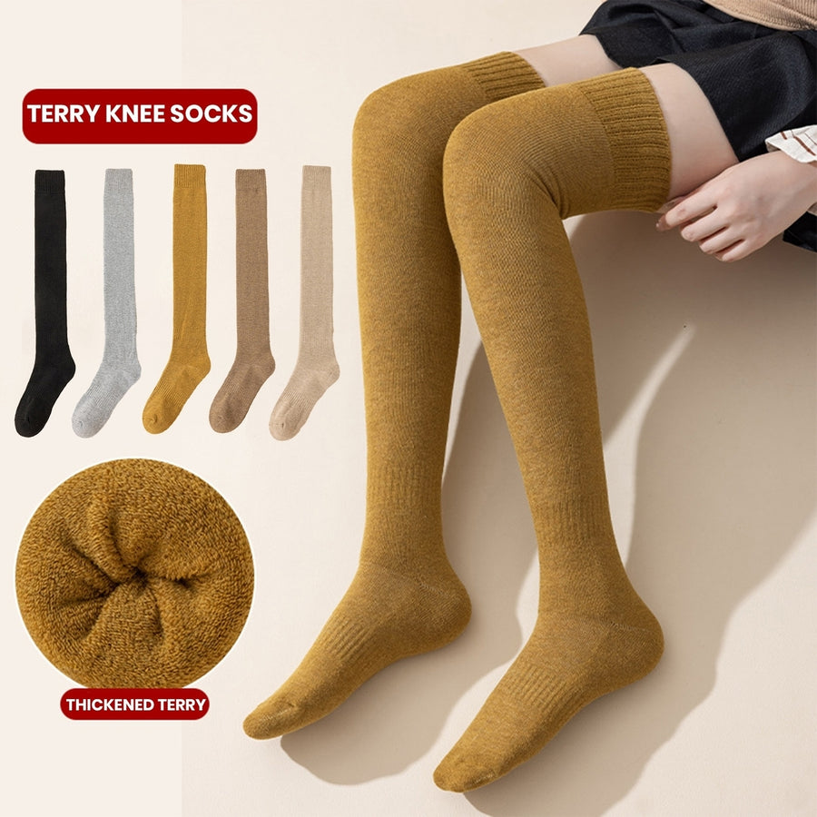 1 Pair Women Winter Stockings Solid Color Thick Warm Soft High Elasticity Anti-slip Cold Resistant Image 1