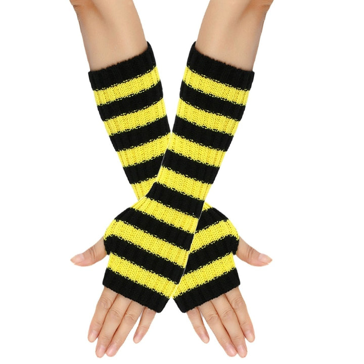 1 Pair Cozy Striped Woolen Gloves Gift Mid-length Autumn Christmas Keep Warm Gloves for Winter Holidays Image 1