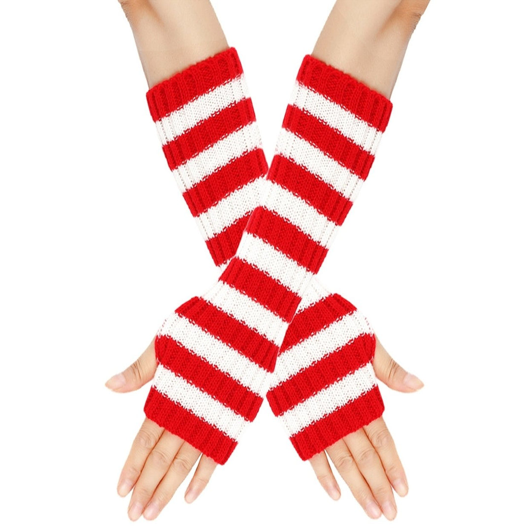 1 Pair Cozy Striped Woolen Gloves Gift Mid-length Autumn Christmas Keep Warm Gloves for Winter Holidays Image 1