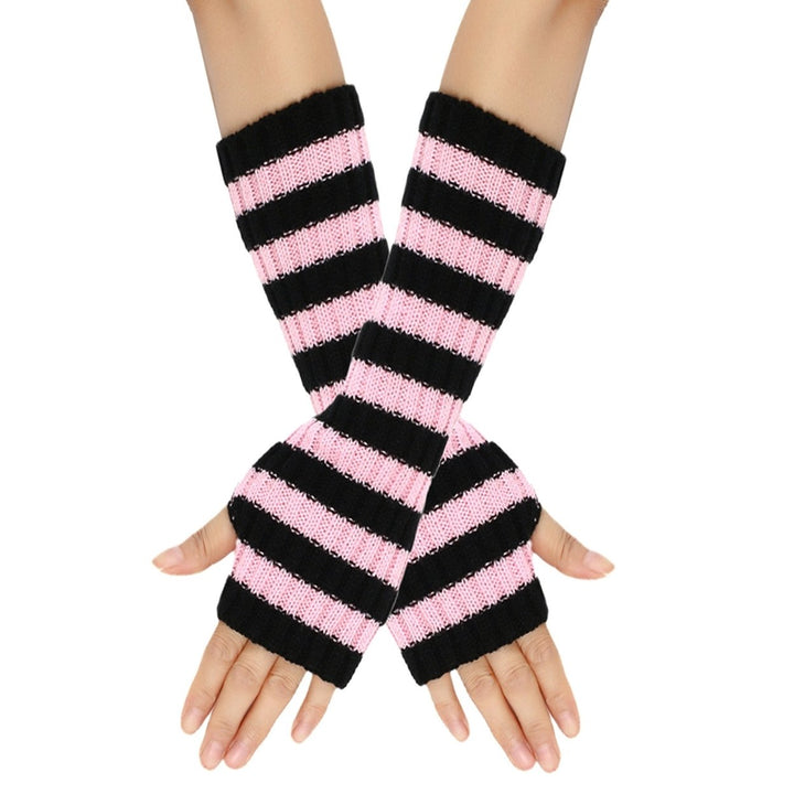 1 Pair Cozy Striped Woolen Gloves Gift Mid-length Autumn Christmas Keep Warm Gloves for Winter Holidays Image 1