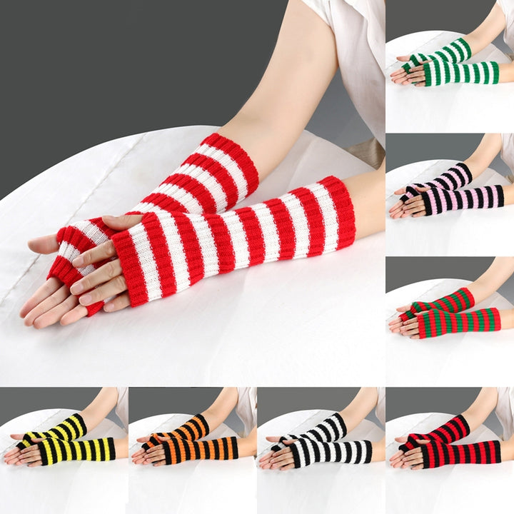 1 Pair Cozy Striped Woolen Gloves Gift Mid-length Autumn Christmas Keep Warm Gloves for Winter Holidays Image 11