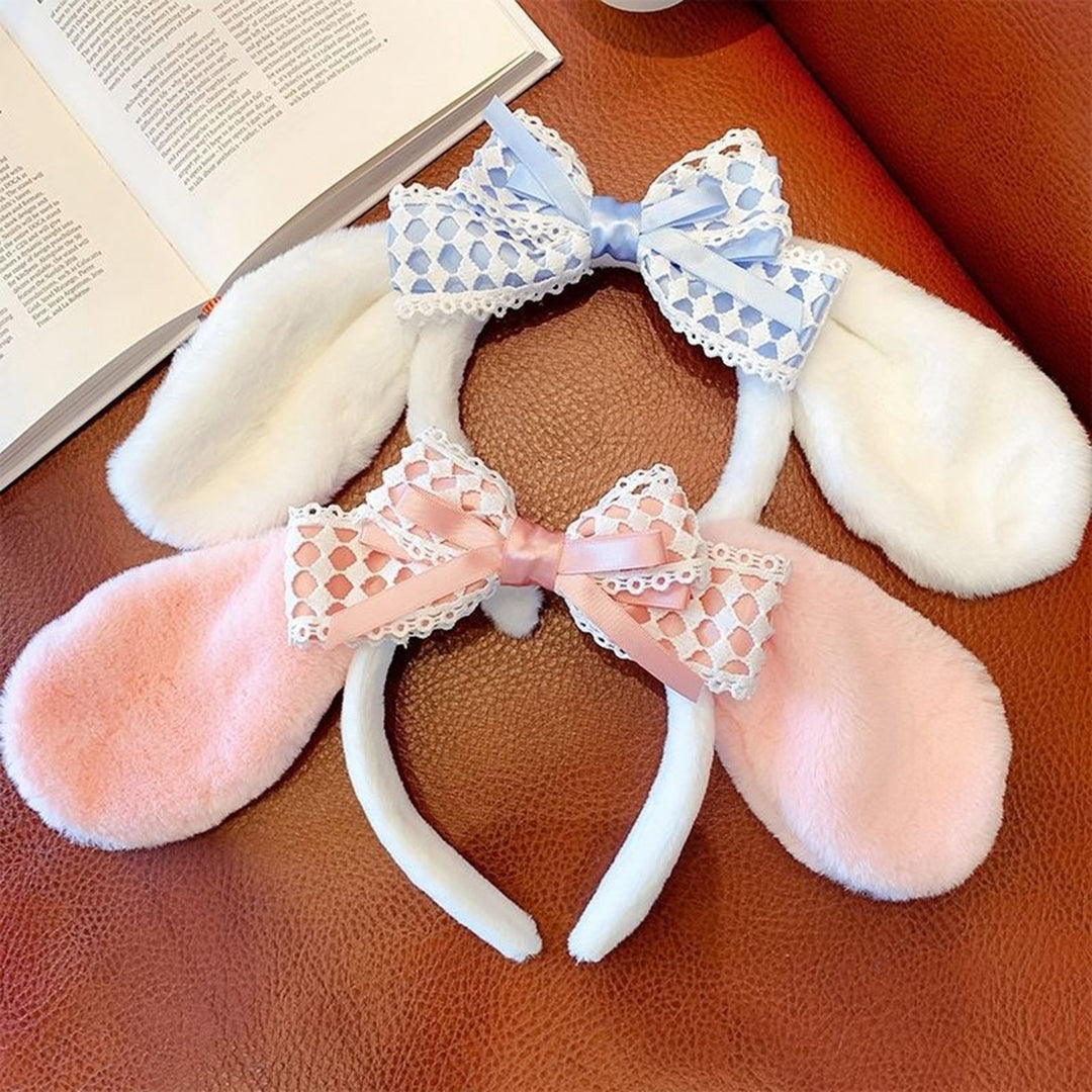 Cute Bow Headband with Fuzzy Ears Cosplay Prom Halloween Soft Elastic Hairband for Kids Adults Girls Image 1