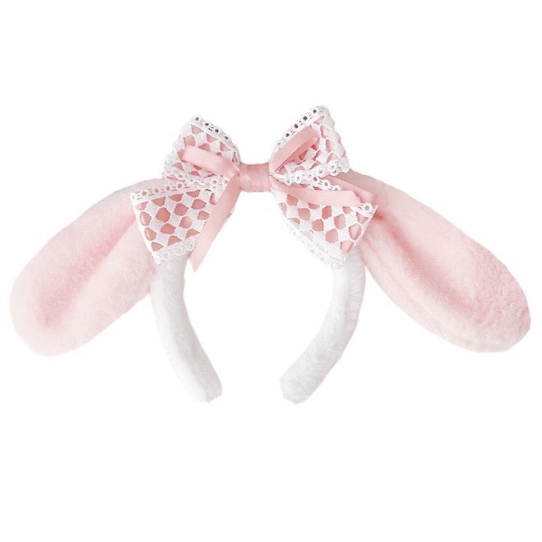 Cute Bow Headband with Fuzzy Ears Cosplay Prom Halloween Soft Elastic Hairband for Kids Adults Girls Image 3