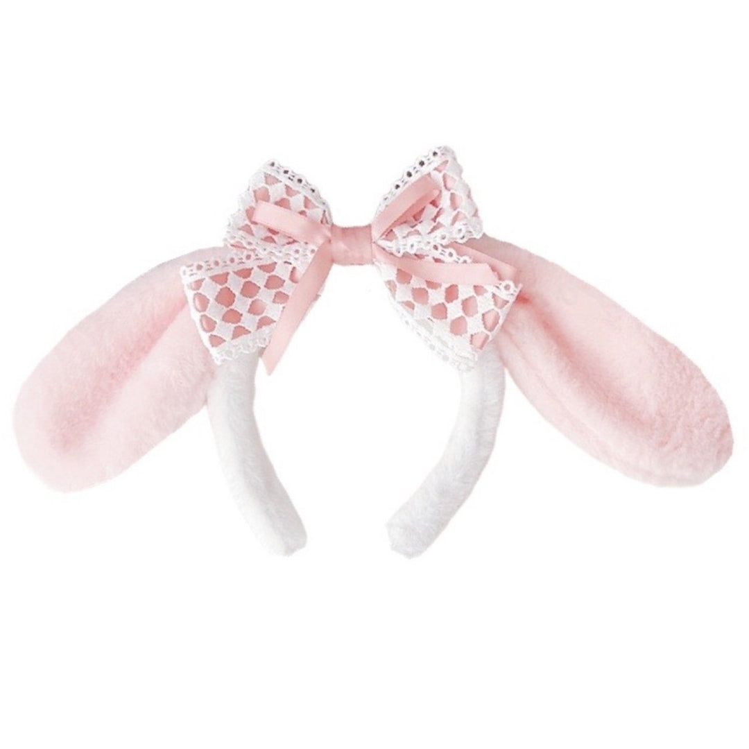 Cute Bow Headband with Fuzzy Ears Cosplay Prom Halloween Soft Elastic Hairband for Kids Adults Girls Image 1