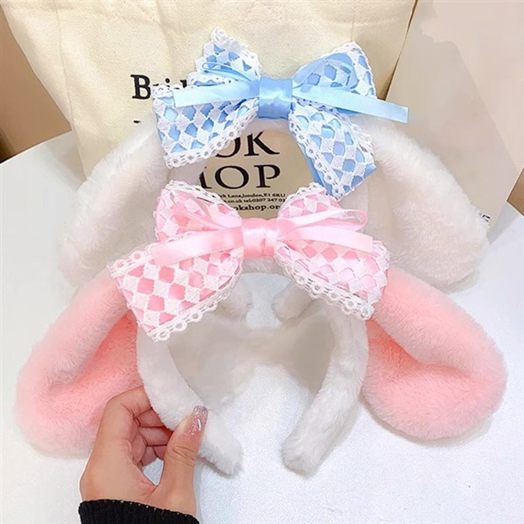 Cute Bow Headband with Fuzzy Ears Cosplay Prom Halloween Soft Elastic Hairband for Kids Adults Girls Image 6