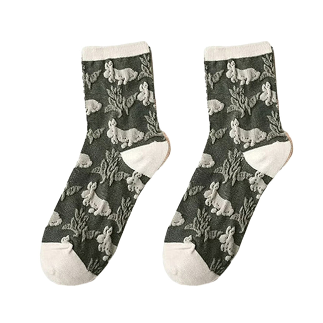 1 Pair Women Socks Retro 3D Embossed Mid-tube Thick Soft Warm Anti-slip High Elasticity Flower Rabbit Pattern Breathable Image 3