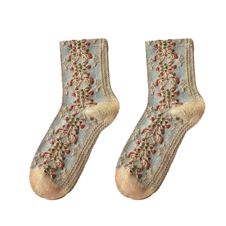 1 Pair Women Socks Retro 3D Embossed Mid-tube Thick Soft Warm Anti-slip High Elasticity Flower Rabbit Pattern Breathable Image 6