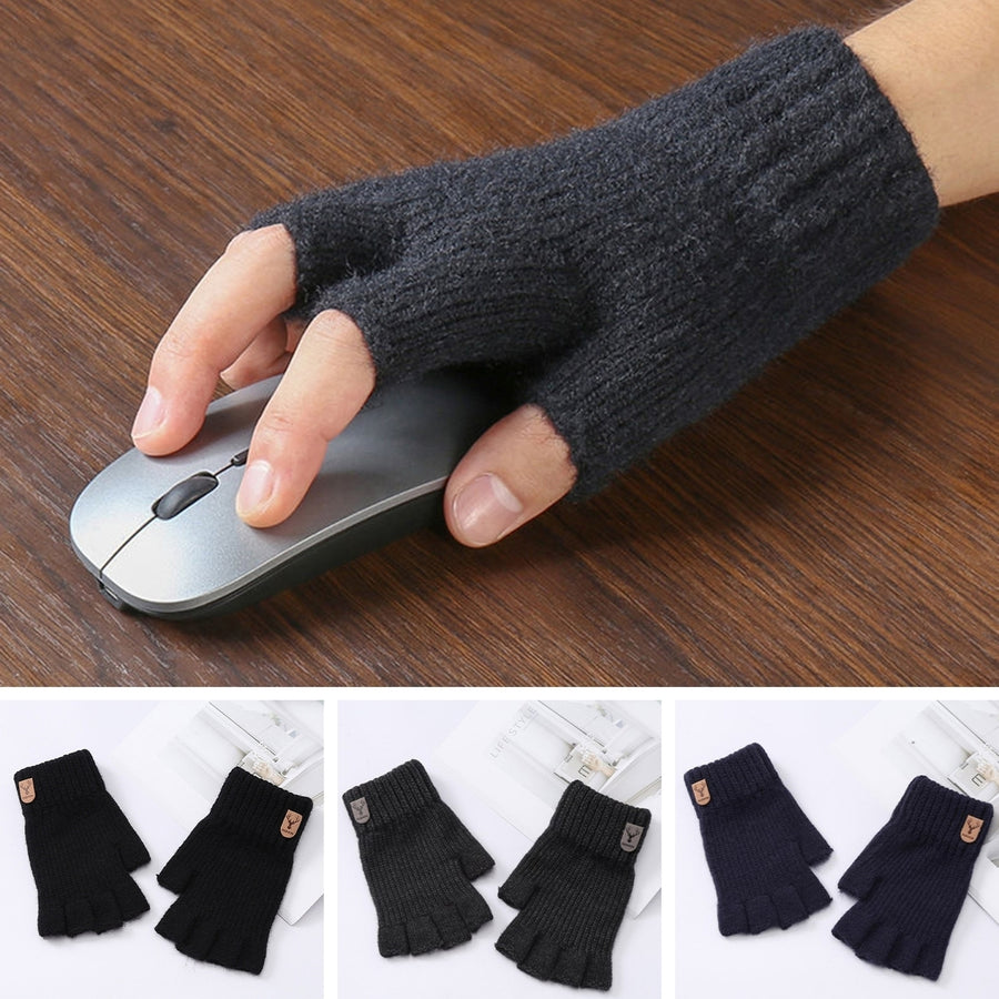 1 Pair Gloves Half Fingers Knitted Elastic Soft Anti-slip Warm Thickened Solid Color Unisex Student Winter Writing Image 1