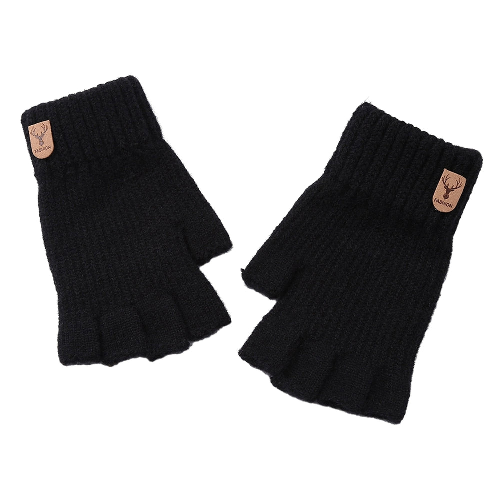1 Pair Gloves Half Fingers Knitted Elastic Soft Anti-slip Warm Thickened Solid Color Unisex Student Winter Writing Image 2