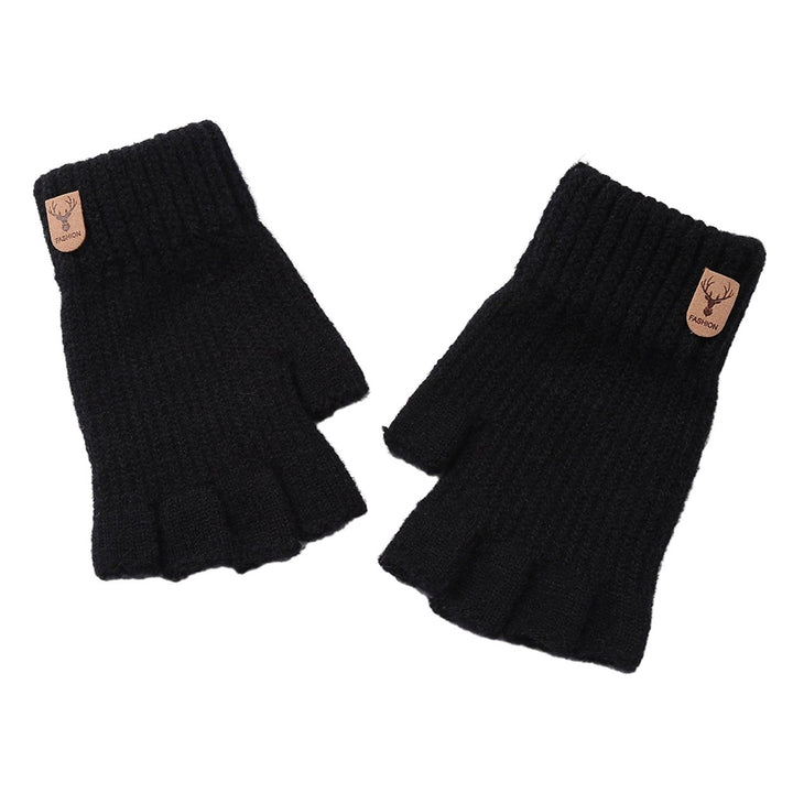 1 Pair Gloves Half Fingers Knitted Elastic Soft Anti-slip Warm Thickened Solid Color Unisex Student Winter Writing Image 1