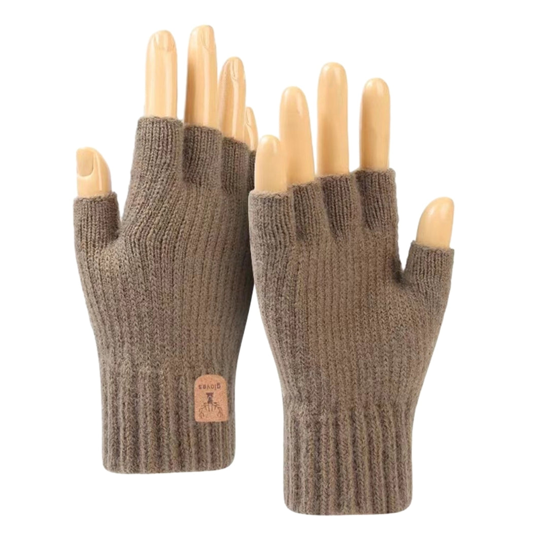 1 Pair Gloves Half Fingers Knitted Elastic Soft Anti-slip Warm Thickened Solid Color Unisex Student Winter Writing Image 3