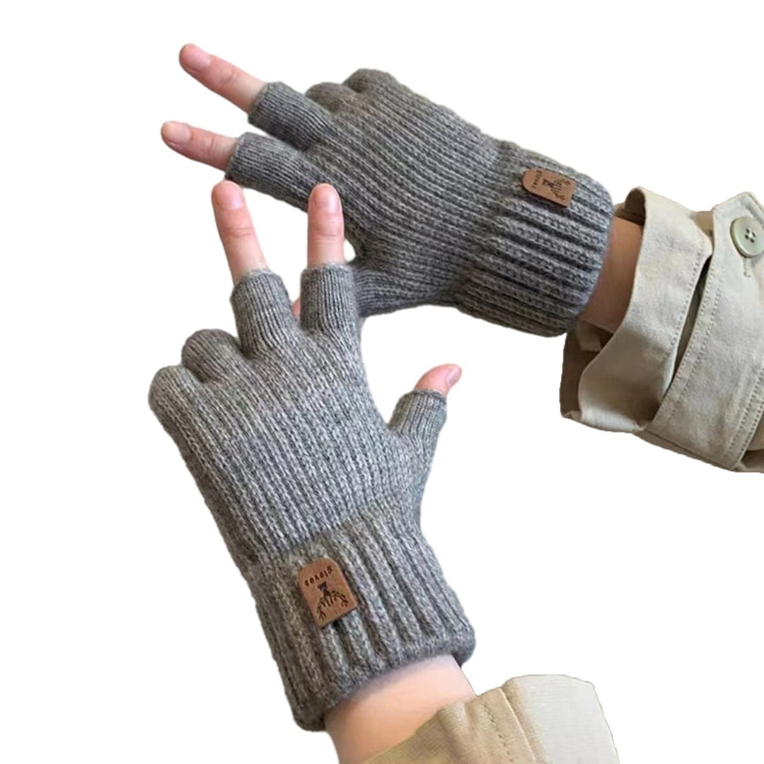 1 Pair Gloves Half Fingers Knitted Elastic Soft Anti-slip Warm Thickened Solid Color Unisex Student Winter Writing Image 1