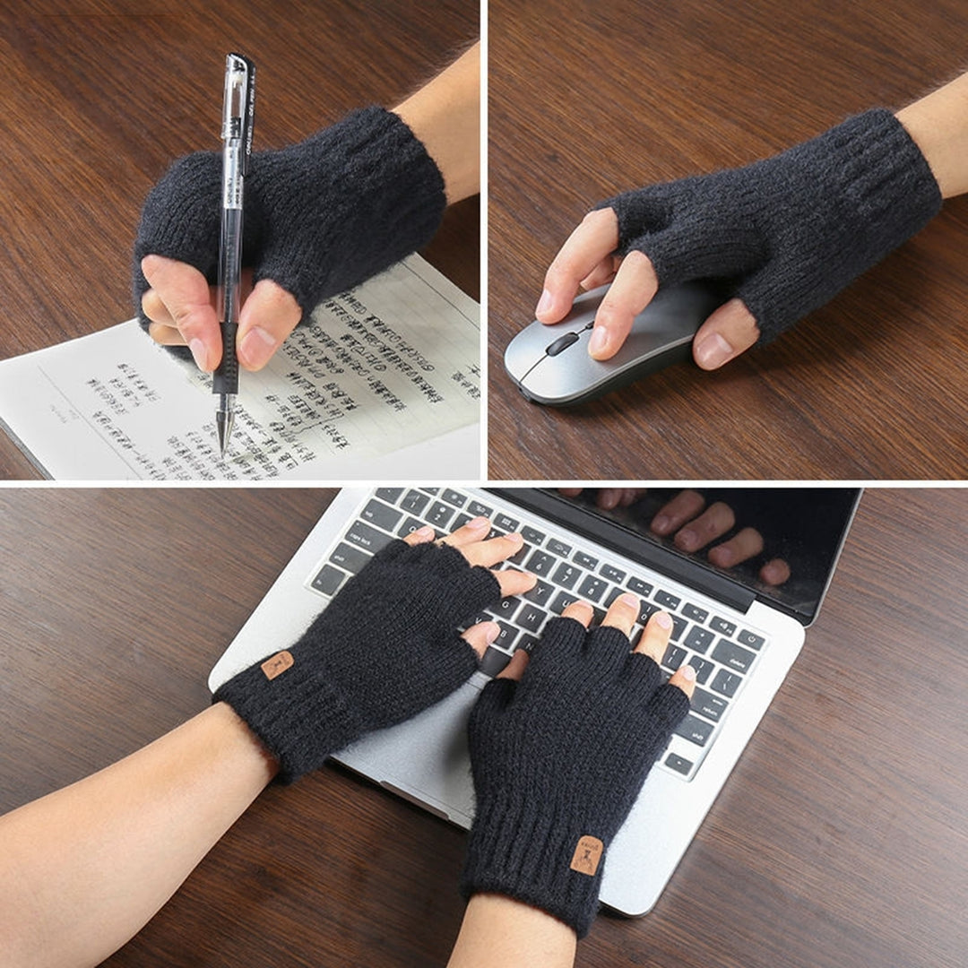 1 Pair Gloves Half Fingers Knitted Elastic Soft Anti-slip Warm Thickened Solid Color Unisex Student Winter Writing Image 12
