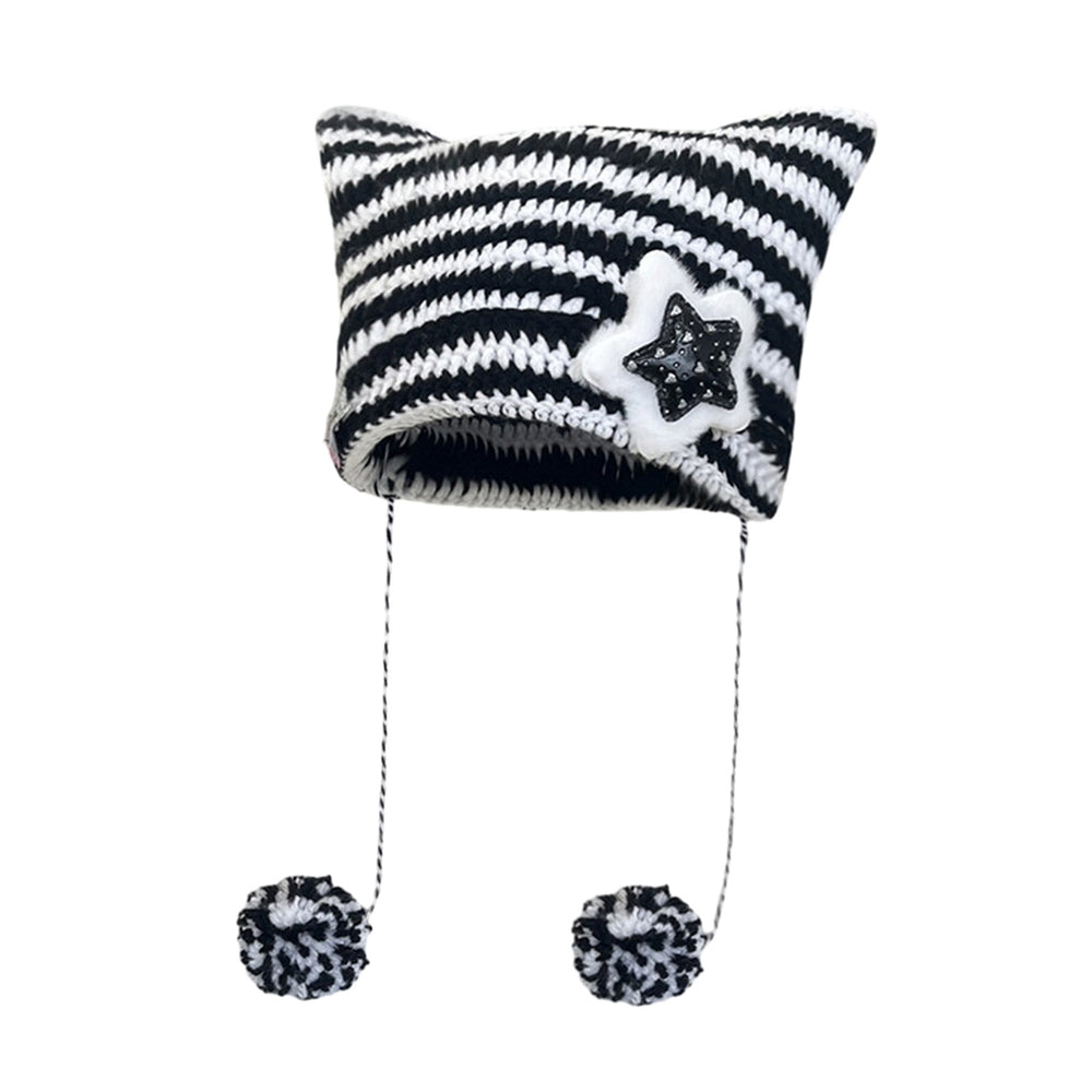 Japanese Style Cat Ear Beanie Hat Star Striped Print Knitting Hat Autumn Winter Plush Ball Pendant Warm Hat Image 2