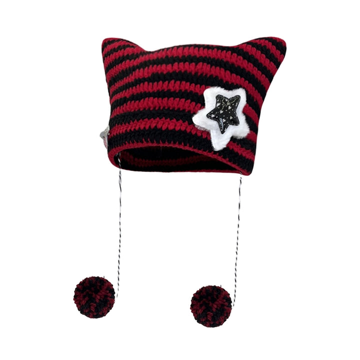 Japanese Style Cat Ear Beanie Hat Star Striped Print Knitting Hat Autumn Winter Plush Ball Pendant Warm Hat Image 3