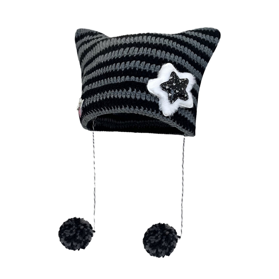 Japanese Style Cat Ear Beanie Hat Star Striped Print Knitting Hat Autumn Winter Plush Ball Pendant Warm Hat Image 4