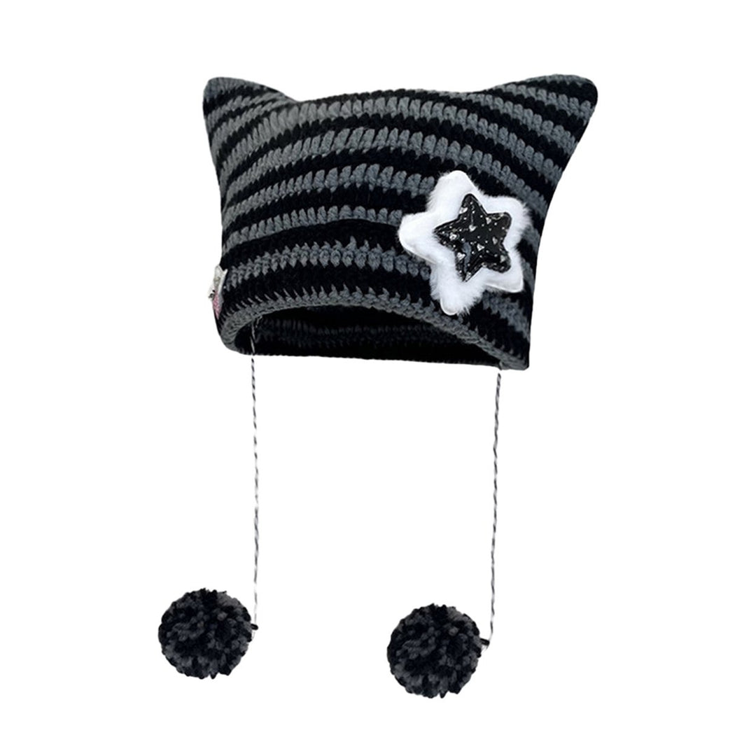 Japanese Style Cat Ear Beanie Hat Star Striped Print Knitting Hat Autumn Winter Plush Ball Pendant Warm Hat Image 1