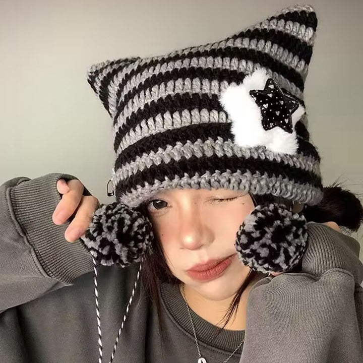 Japanese Style Cat Ear Beanie Hat Star Striped Print Knitting Hat Autumn Winter Plush Ball Pendant Warm Hat Image 4