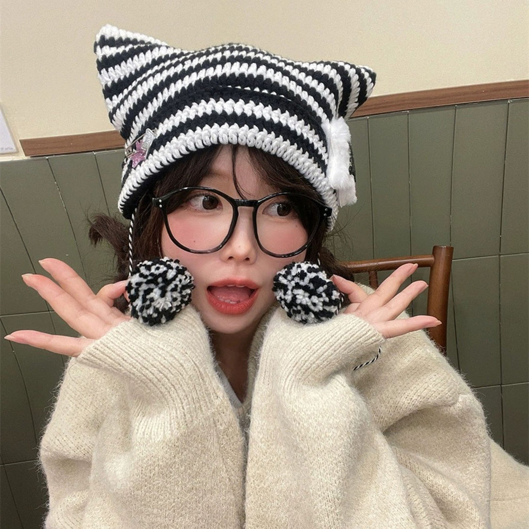 Japanese Style Cat Ear Beanie Hat Star Striped Print Knitting Hat Autumn Winter Plush Ball Pendant Warm Hat Image 6