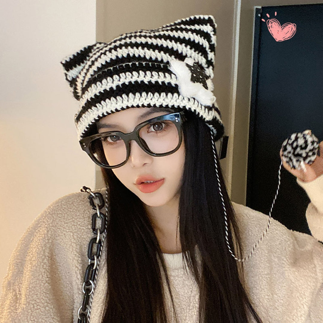 Japanese Style Cat Ear Beanie Hat Star Striped Print Knitting Hat Autumn Winter Plush Ball Pendant Warm Hat Image 7