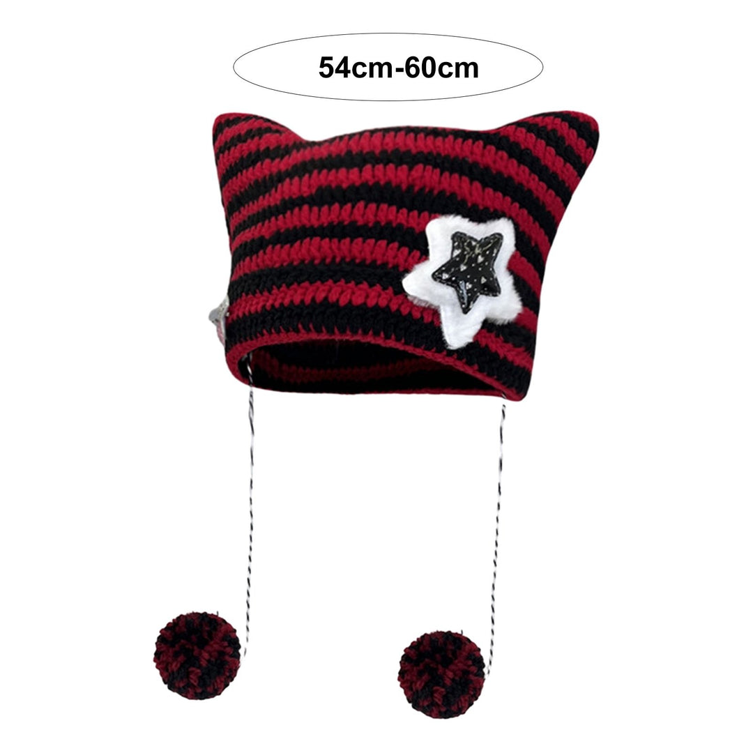 Japanese Style Cat Ear Beanie Hat Star Striped Print Knitting Hat Autumn Winter Plush Ball Pendant Warm Hat Image 8