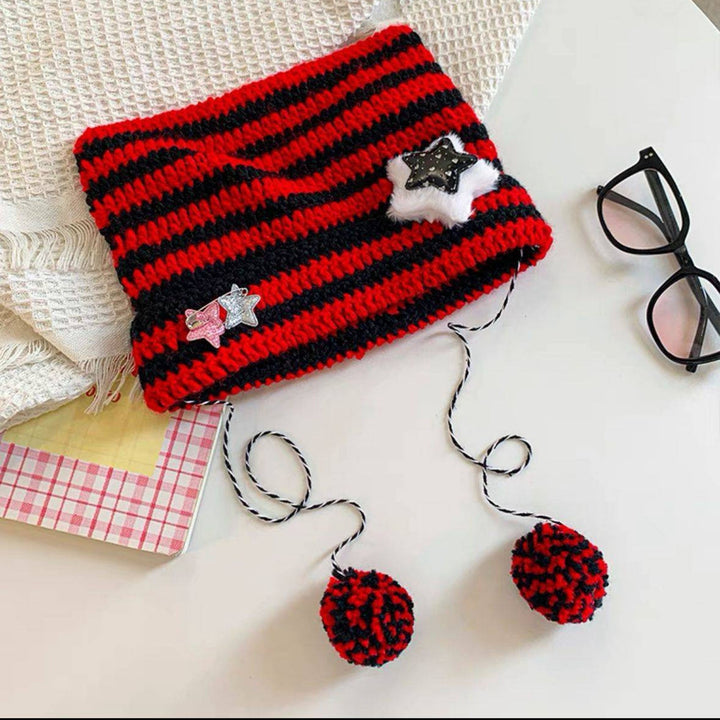 Japanese Style Cat Ear Beanie Hat Star Striped Print Knitting Hat Autumn Winter Plush Ball Pendant Warm Hat Image 9