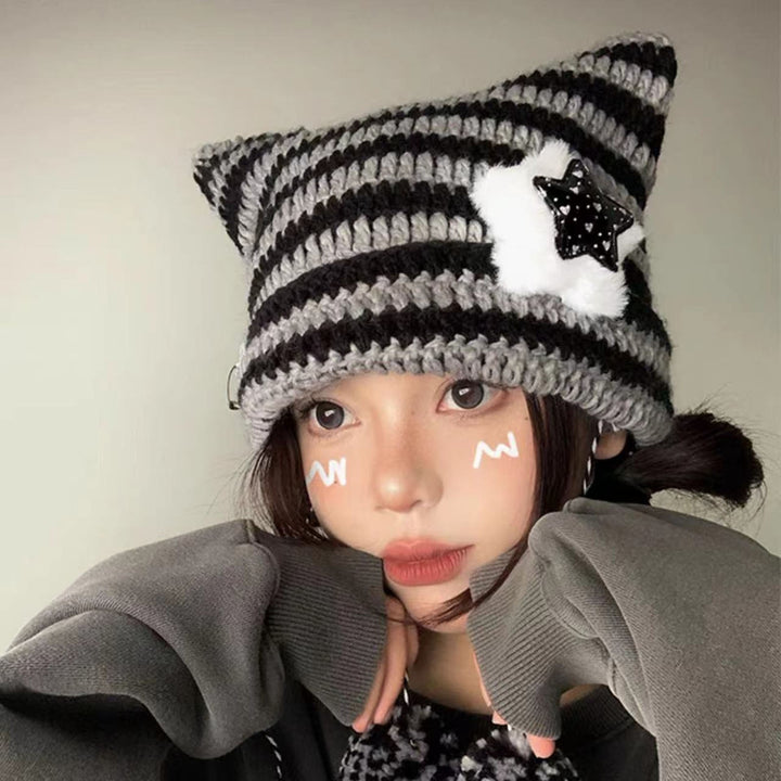 Japanese Style Cat Ear Beanie Hat Star Striped Print Knitting Hat Autumn Winter Plush Ball Pendant Warm Hat Image 10