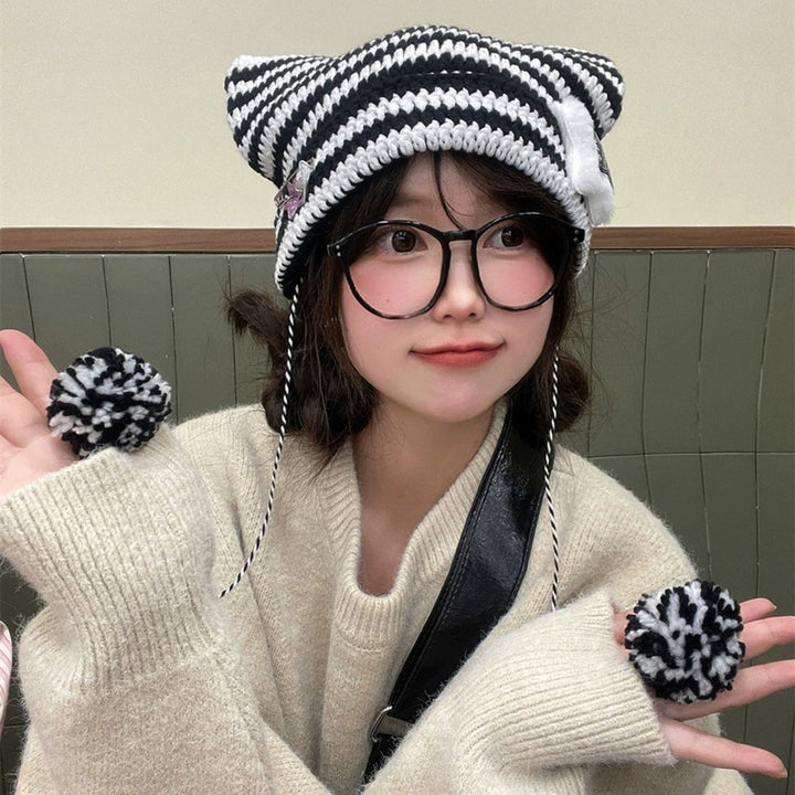 Japanese Style Cat Ear Beanie Hat Star Striped Print Knitting Hat Autumn Winter Plush Ball Pendant Warm Hat Image 12