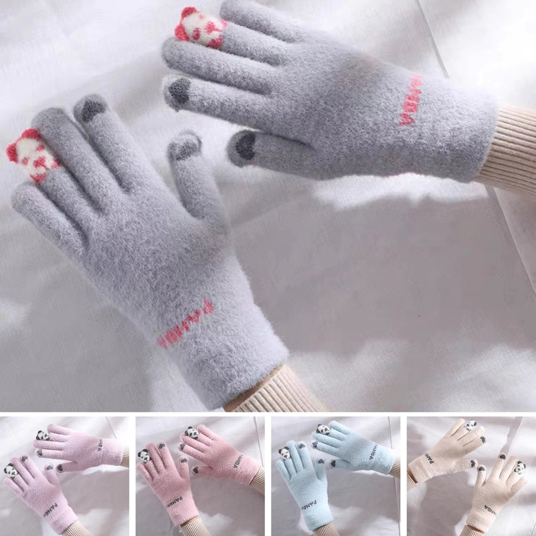 1 Pair Winter Gloves Touch Screen Knitted Elastic Soft Warm Thick Five Fingers Cartoon Panda Print Image 1
