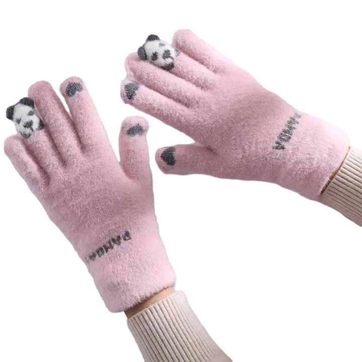 1 Pair Winter Gloves Touch Screen Knitted Elastic Soft Warm Thick Five Fingers Cartoon Panda Print Image 1