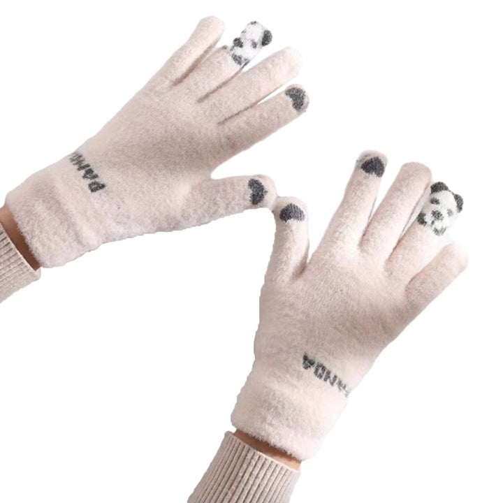 1 Pair Winter Gloves Touch Screen Knitted Elastic Soft Warm Thick Five Fingers Cartoon Panda Print Image 1