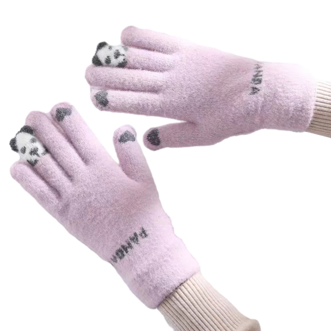 1 Pair Winter Gloves Touch Screen Knitted Elastic Soft Warm Thick Five Fingers Cartoon Panda Print Image 1