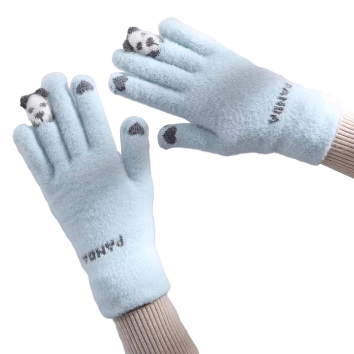 1 Pair Winter Gloves Touch Screen Knitted Elastic Soft Warm Thick Five Fingers Cartoon Panda Print Image 6
