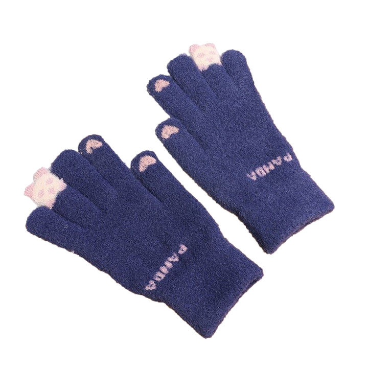 1 Pair Winter Gloves Touch Screen Knitted Elastic Soft Warm Thick Five Fingers Cartoon Panda Print Image 7