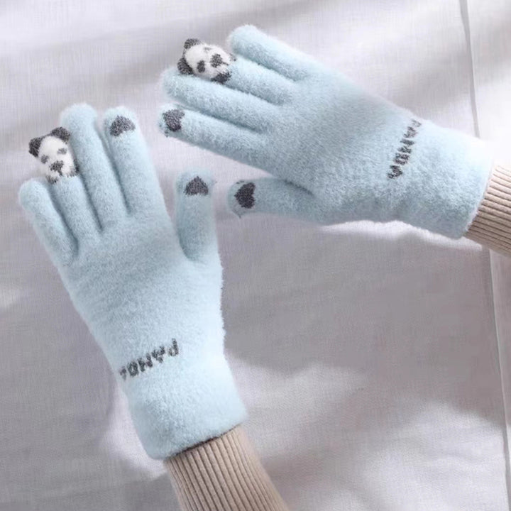 1 Pair Winter Gloves Touch Screen Knitted Elastic Soft Warm Thick Five Fingers Cartoon Panda Print Image 8