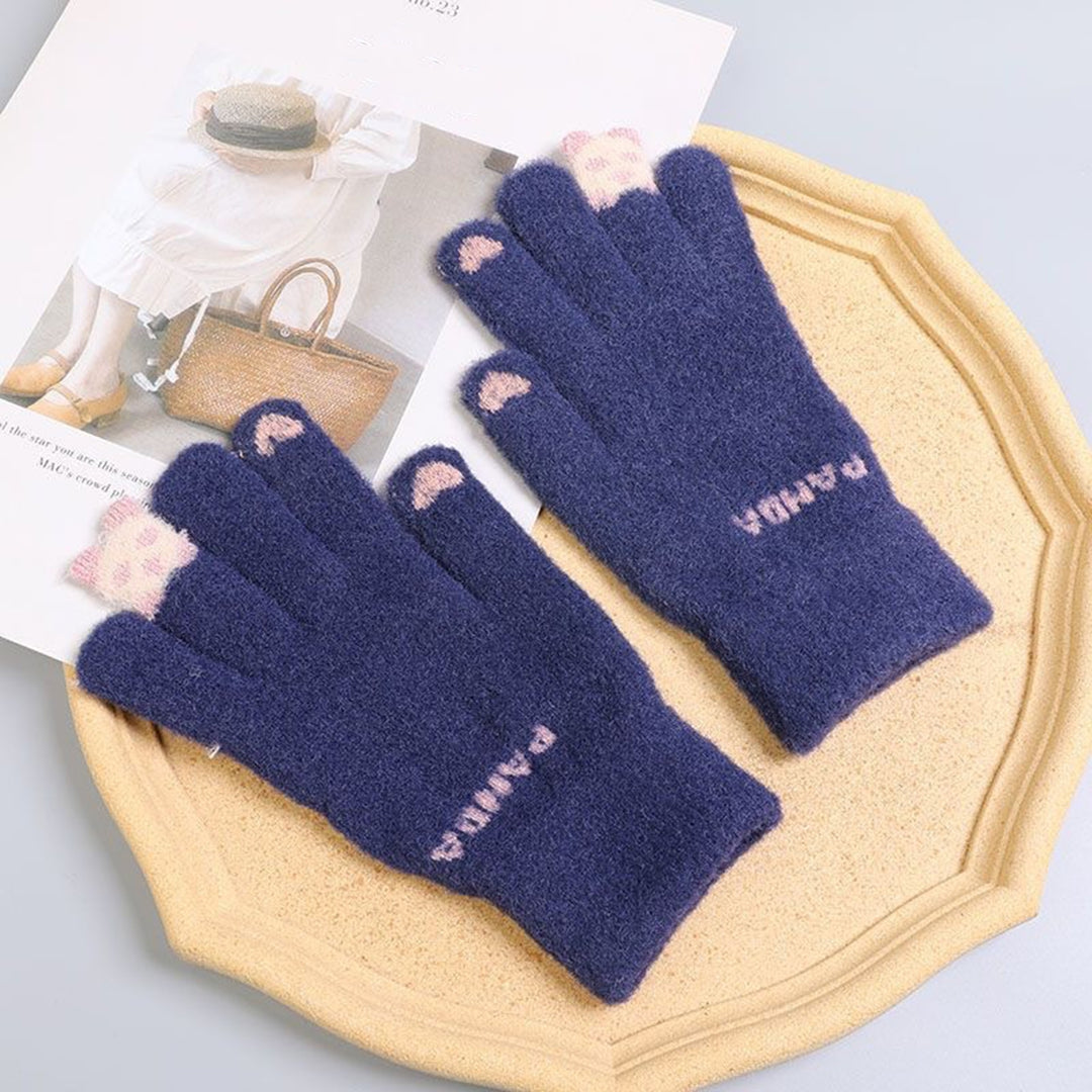 1 Pair Winter Gloves Touch Screen Knitted Elastic Soft Warm Thick Five Fingers Cartoon Panda Print Image 10