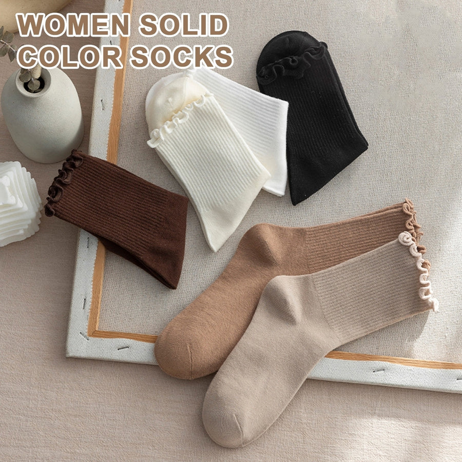 2 Pair Women Solid Color Crew Socks Sheer Trim Mid-tube Socks Soft Breathable High Elastic Pile Socks Image 1