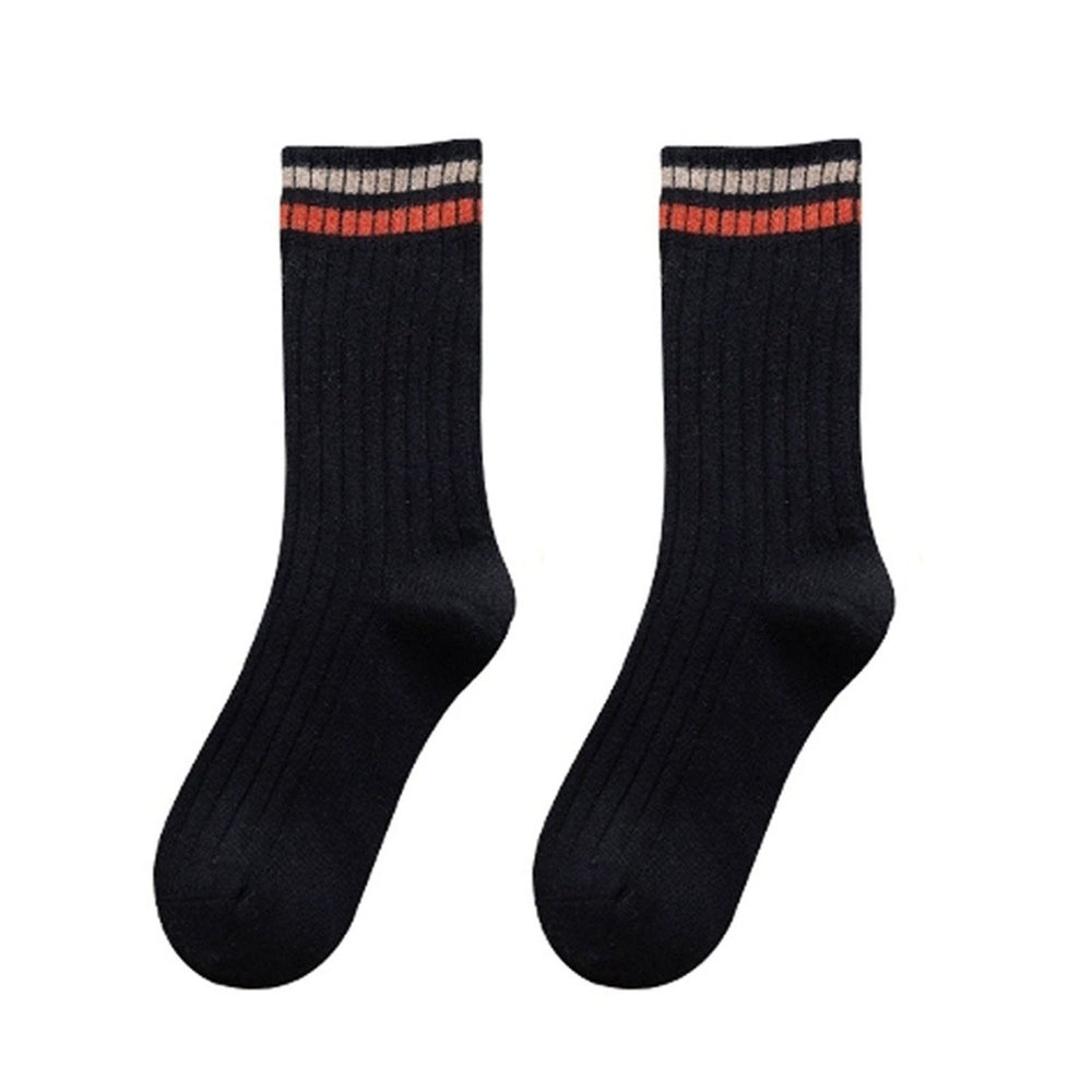 1 Pair Women Fall Winter Socks Solid Color Mid-tube Thick Warm No Odor Elastic Anti-slip Striped Sweat Absorption Lady Image 2