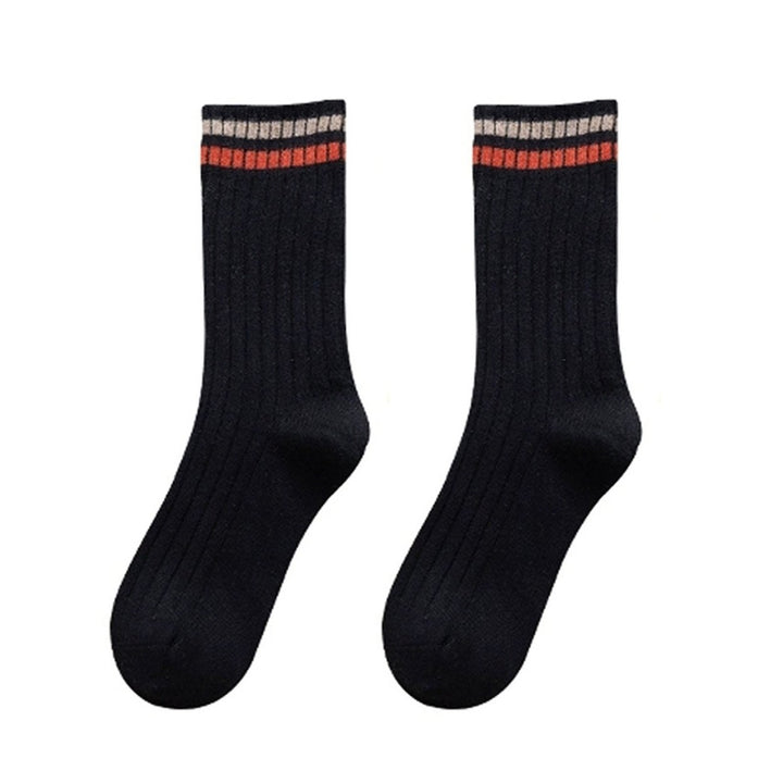 1 Pair Women Fall Winter Socks Solid Color Mid-tube Thick Warm No Odor Elastic Anti-slip Striped Sweat Absorption Lady Image 1