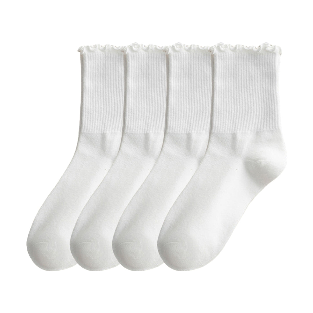 2 Pair Women Solid Color Crew Socks Sheer Trim Mid-tube Socks Soft Breathable High Elastic Pile Socks Image 3