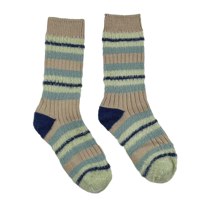1 Pair Women Fall Winter Socks Contrast Color Mid-tube Thick Warm No Odor Elastic Anti-slip Striped Sweat Absorption Image 1